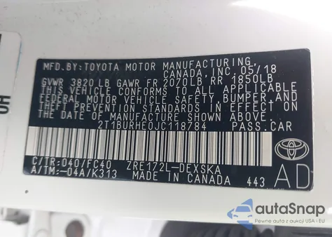 2018 Toyota Corolla Se from USA, damaged, VIN 2T1BURHE0JC118784